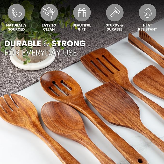 Zulay Kitchen Teak Wood Utensil Set – 7 Piece Wooden Cooking Utensils – Slotted Spoon, Bowl Scraper, Solid & Slotted Turner, Salad Spoon, Fork & Tongs – Durable, Nonstick Safe & Smooth Finish