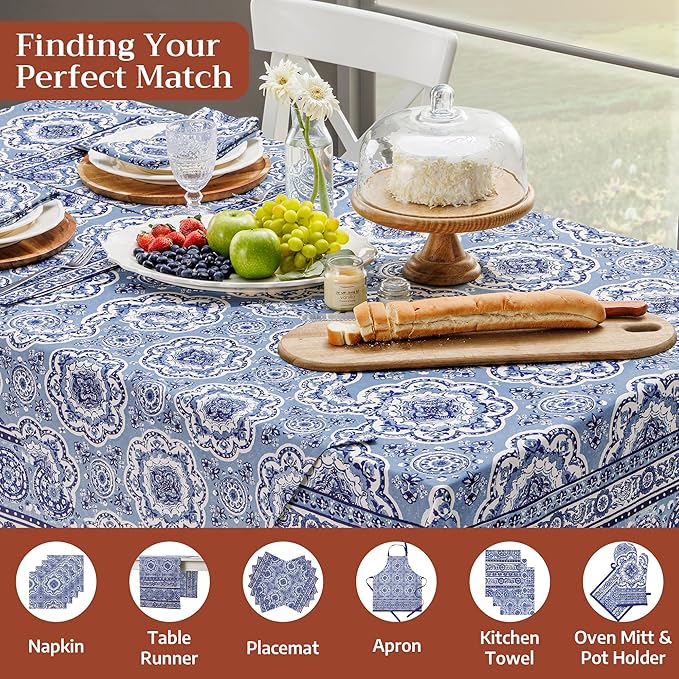 Maison d' Hermine Table Cloth Rectangle Table 100% Cotton 60 x 120 Inches Tablecloth Reusable Decorative for Dining Room Farmhouse Home Valentines Day Decorations Spring Summer - Melodie Bleue