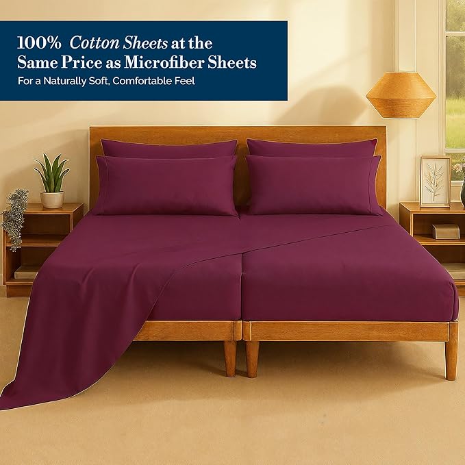 Casa Platino Split King Size Sheet Set – 7 Piece Cooling Sheets Split King Size 100% Cotton Crisp Percale Sheets with Breathable & Cozy Feel, 15" Deep Pocket Fitted Sheet for Secure Fit – Windsor Wine