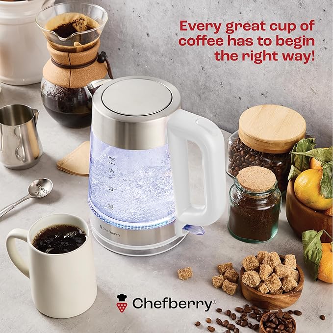 Electric Kettle for Boiling Hot Tea & Water | 1.7L Stainless Steel Borosilicate Glass Boiler With No Plastic, Automatic Shutoff, BPA Free, Fast Heating Technology (White)
