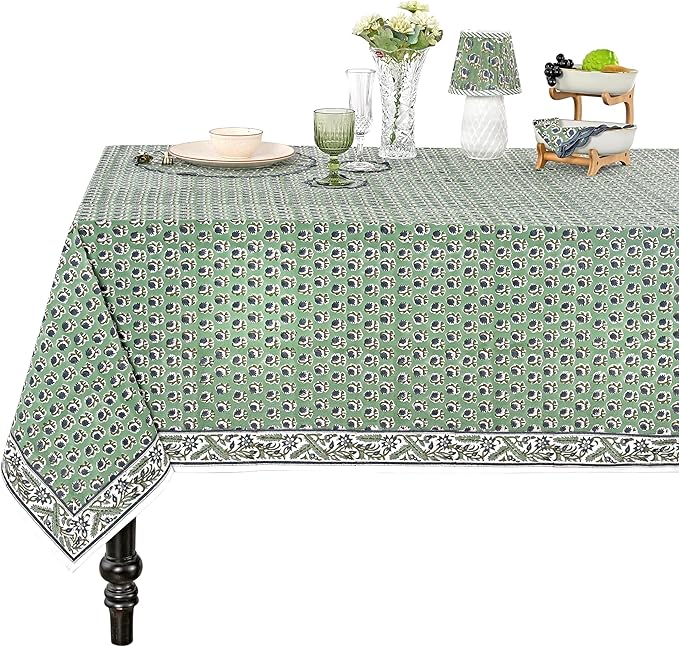 Ridhi Hand Block Print Basil Green Rectangle Cotton Tablecloth 190" x 72" Reusable Table Cover Decorative Everyday Use for Dining, Farmhouse, Home Gift for Spring, Easter, Valentine
