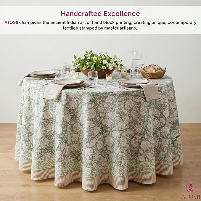ATOSII Jade 100% Cotton Boho Round Tablecloth, Block Print Floral Table Cloth Linen for Dining, Parties, Weddings, Outdoors I Table Decor I 60" Inches Round