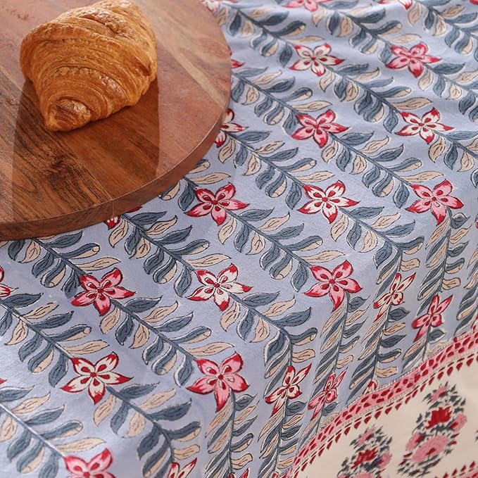 Hand Block Printed Table Cover - Exquisite Design, Premium Cotton Fabric, Perfect for Dining and Decor, Dining Table Linen (Gray Petal Glow, 8 Seater 72 x 108 Inches Rectangle)