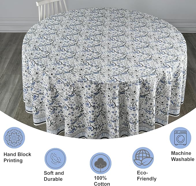 Ridhi Block Print Round Spruce Carolina Blue Reusable Tablecloth 100% Cotton 110" Inch Decorative Table Cover eveyday Dining, Home, Party, Wedding, Farmhouse Gift for Spring, Easter, Valentine