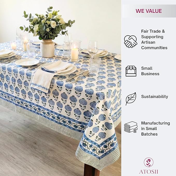 ATOSII Roma Blue 100% Cotton Rectangle Fall Tablecloth, Handblock Floral Print Linen Table Cloth for Kitchen Dining I Parties Outdoors Weddings Holidays I 72 X 140 Inches I 12 Seater