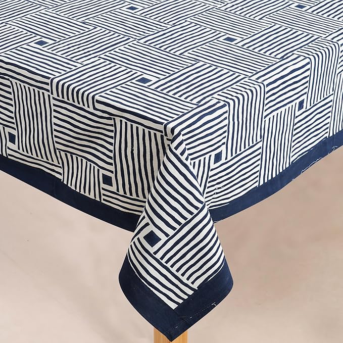 Handblock Print Cotton Tablecloth – 70×130 Rectangular Table Cover Seats 8-10 – Indian Block Printed Floral Dining Table Linen – Boho Washable Cloth for Kitchen, Party, Outdoor, Dark Blue