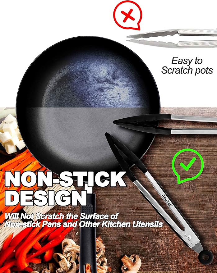 Anaeat Non-Stick Silicone Locking Tong - Stainless Steel 9" Kitchen Food Tongs with Non-Slip Silicone Tips and Grip for Cooking, Baking and BBQ - Heat Resistant up to 480°F (Black)