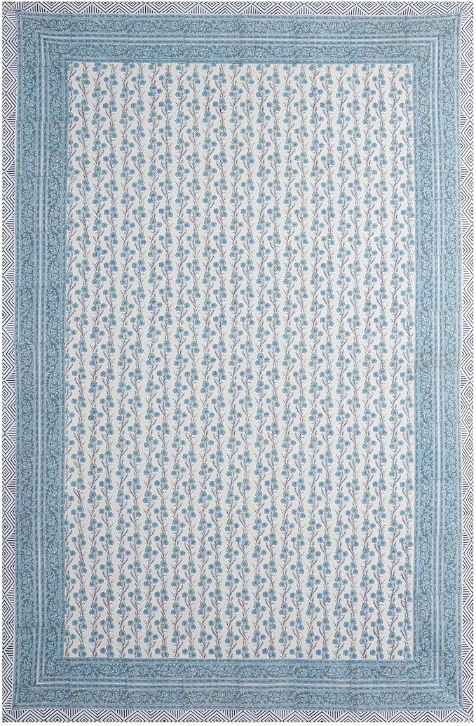 Handblock Print Cotton Tablecloth – 70×130 Rectangular Table Cover Seats 8-10 – Indian Block Printed Floral Dining Table Linen – Boho Washable Cloth for Kitchen, Party, Outdoor, Sky Blue