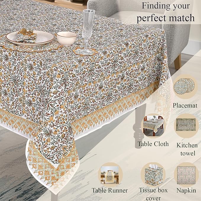 Ridhi Hand Block Print Goldenrod Yellow Rectangle Cotton Tablecloth 160" x 72" Reusable Table Cover Decorative Everyday Use for Dining, Farmhouse, Home Gift for Spring, Easter, Valentine