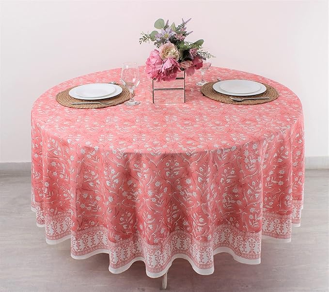 Ridhi Block Print Round Sweet Pink Reusable Tablecloth 100% Cotton 120" Inch Decorative Table Cover eveyday Dining, Home, Party, Wedding, Farmhouse Gift for Spring, Easter, Valentine