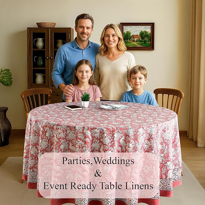 CPC Round Tablecloth- Cotton Indian Block Print Tablecloth -Handmade Printed Washable Cotton Table Cloth - Spring/Summer, Wedding Table Cover - Coral Pink 90 Inch