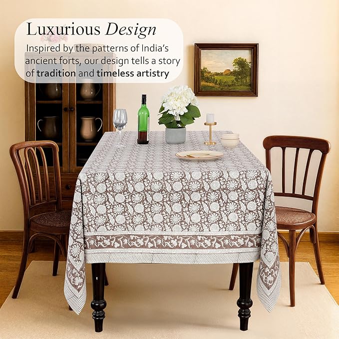 CPC Rustic Brown Tablecloth 100% Cotton 70x118 Inch Indian Block Print Rectangle Table Cover, Table Cloth for Gifting in Weddings, Halloween, Fall, Christmas, Thanksgiving