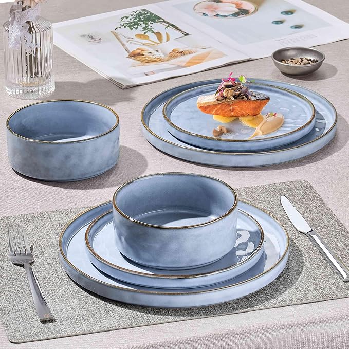Herogo 18 Pieces Dishes Sets for 6, Stoneware Dinnerware Dishwasher & Microwave Safe, Ceramic Plates and Bowls Sets for Kitchen Restaurant, Haze Blue