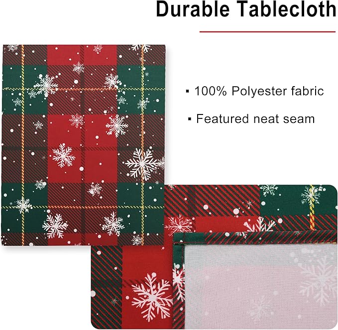 Hiasan Christmas Checkered Tablecloth - Stain Resistant, Waterproof and Wrinkle Resistant Washable Table Cloth for Party，Dining Room and Kitchen,60 x 84 Inch,Red and Green Gingham Snowflakes Printed