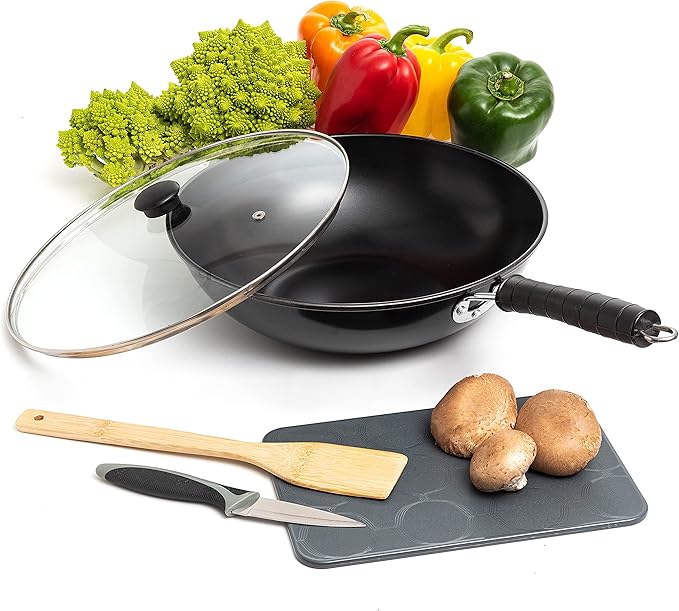 Moss & Stone 5 Pcs Carbon Wok Set, Carbon Steel Wok Pan 12 Inch Woks and Stir Fry Pans, Chinese Wok For Electric, Induction & Gas Stove With Glass Lid, Wok Spatula, Chopping Board & Paring Knife