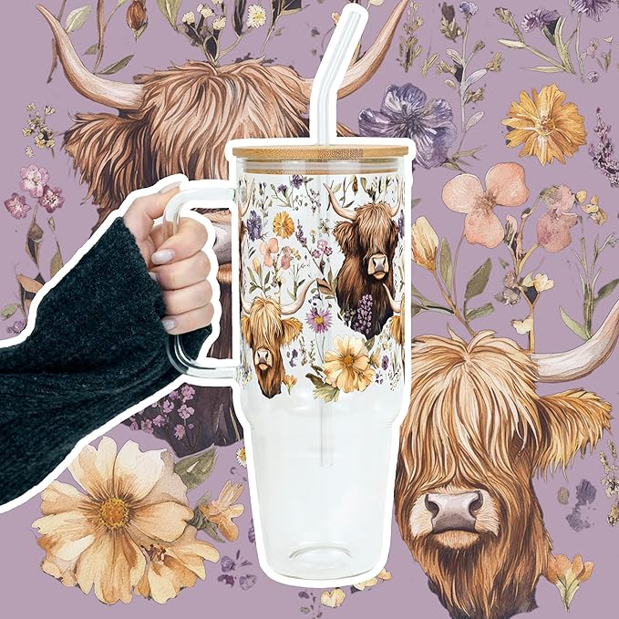 Sip Sip Hooray Highland Cow 40oz Glass Tumbler with Lid and Straw, Wildflower Cow Coffee Cup, Large Floral Farmhouse Drinkware, Cow Lover Gift, Cow Mom Gift, Farmhouse Kitchen Decor