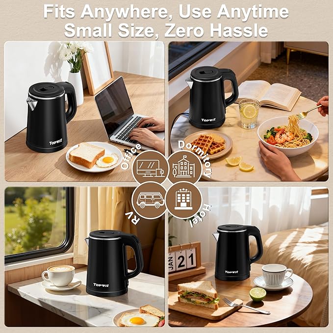 0.8L Small Electric Kettle, Portable Travel Kettle Stainless Steel - 800W Fast Boiling, Auto Shut-Off & Boil-Dry Protection, Tea Kettle for Home, Office, Business Trip, Hotel, Dorm