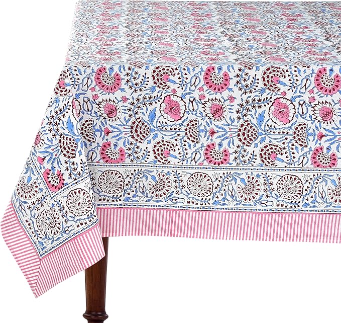 Ridhi Hand Block Print Pigeon Blue Flamingo Pink Rectangle Cotton Tablecloth 102" x 48" Reusable Table Cover Decorative Everyday Use for Dining, Farmhouse, Home Gift for Spring, Easter, Valentine