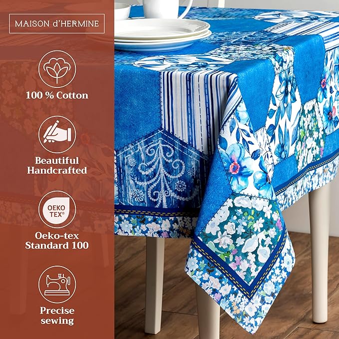 Maison d' Hermine Table Cloth Rectangle Table 100% Cotton 60 x 108 Inches Tablecloth Reusable Decorative for Dining Room Farmhouse Home Valentines Day Decorations Spring Summer - Summer Blues