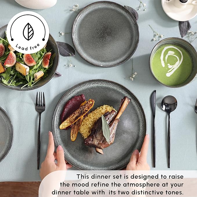 Karaca Fein 24 Piece Reactive Glaze Dinner Set for 6 People, Modern Design with Unique Handcrafted Patterns, Durable Kitchen Plates and Bowls Sets, Stoneware Dinnerware & Dishwasher Safe