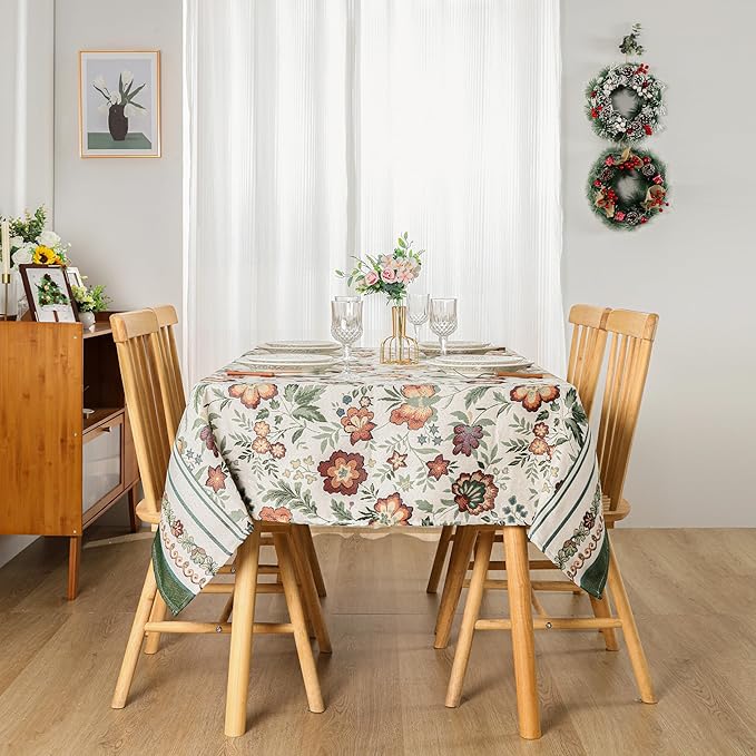 Dimatic Stylish Cotton Linen Rectangular Tablecloth for Kitchen Dining Table, Holiday Party Decorations Table Cover, Floral Green, 55 x 118 Inches