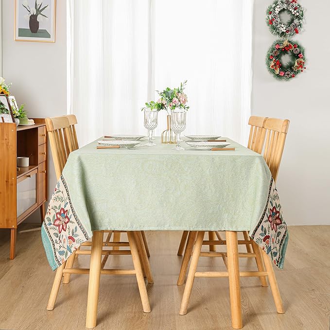 Dimatic Heavyweight Cotton and Linen Rectangular Tablecloth with Botanical Pattern for Dining Tables, Desks, and Holiday Decorations Table Cover, Green, 55 x 118 Inches