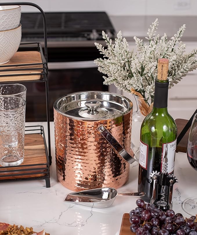BIRDROCK HOME Ice Bucket with Scoop & Lid - 2.8 Liter Hammered 18/8 Stainless Steel Double Wall Insulated Container with Carrying Handle - Ideal for Parties, Cocktails, and Beverages - Copper