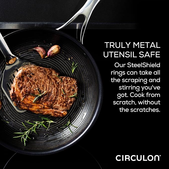 Circulon Clad Stainless Steel Cookware/Pots and Pans and Utensil Set with Hybrid SteelShield and Nonstick Technology, 11 Piece - Silver