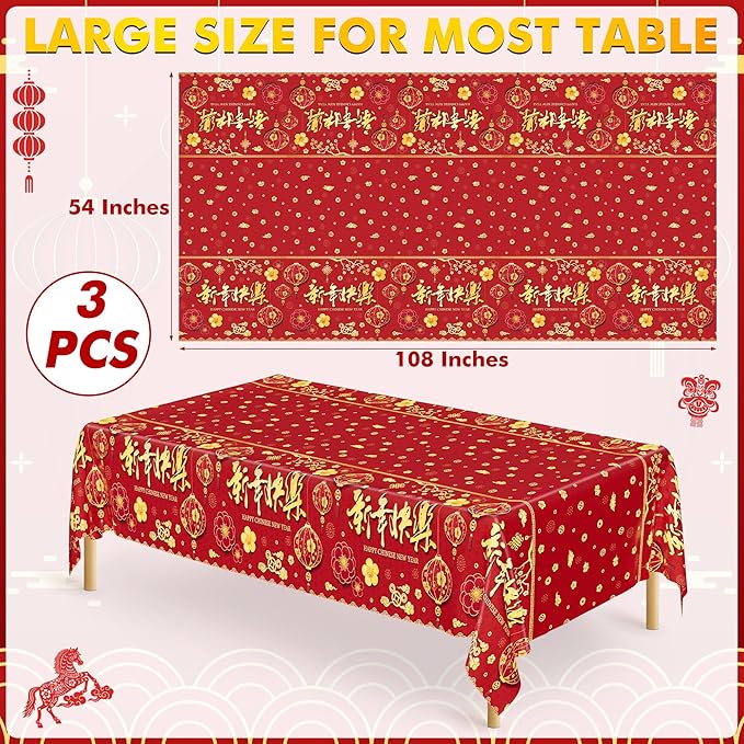 3 Pack Chinese New Year Decorations 2026, 54 x 108 Inches Red Plastic Table Cloths, Disposable Lunar New Year Table Cloth Rectangle Tablecloths Tablecover, Spring Festival Year of the Horse Decor