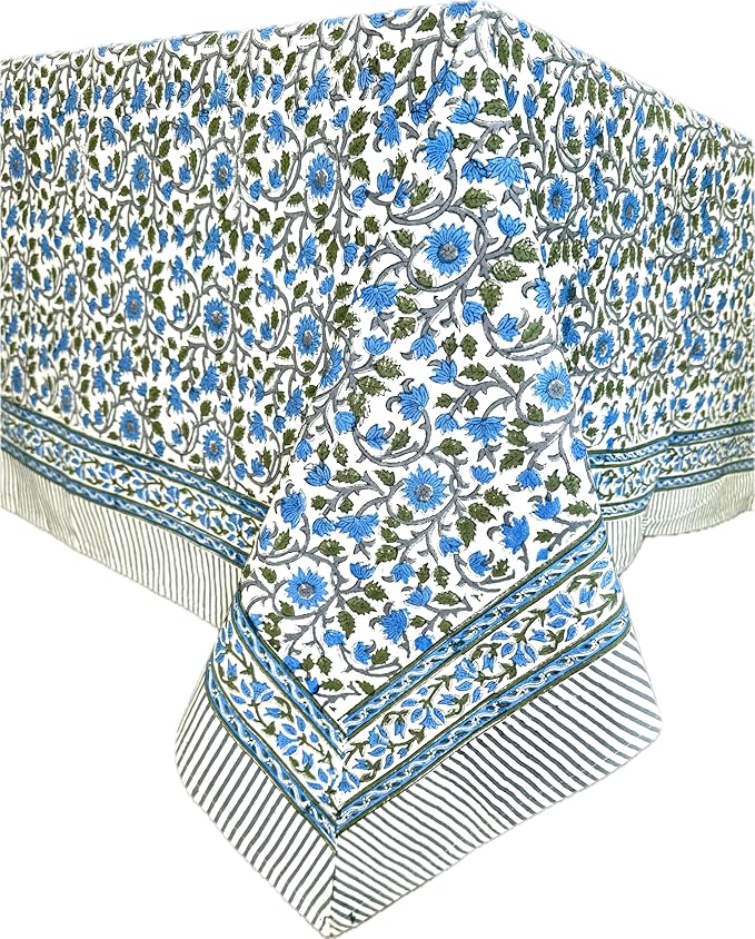 ATOSII Lake Como 100% Cotton Rectangle Fall Tablecloth, Handblock Floral Linen Table Cloth for Kitchen Dining Table I Parties Weddings Outdoors Easter Picnic I 60 X 90 Inches I 6 Seater