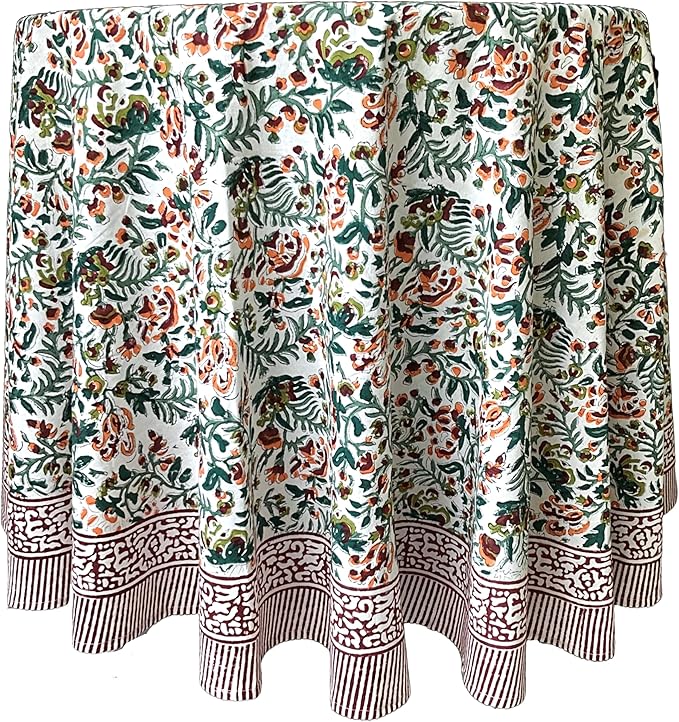 ATOSII Ambrosia Green 100% Cotton Round Tablecloth, Handblock Print Floral Table Cloth for Kitchen Dining Linen I Weddings, Outdoors, Thanksgiving, Christmas I Fall Home Decor I 72" Inches Round