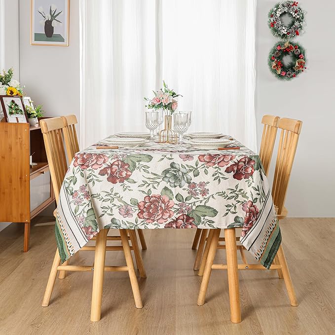 Dimatic Cotton and Linen Rectangular Tablecloth with Red Rose Pattern, Suitable for Kitchen Dining Table, Home Table Cloth and Holiday Decoration, 55 x 102 Inches