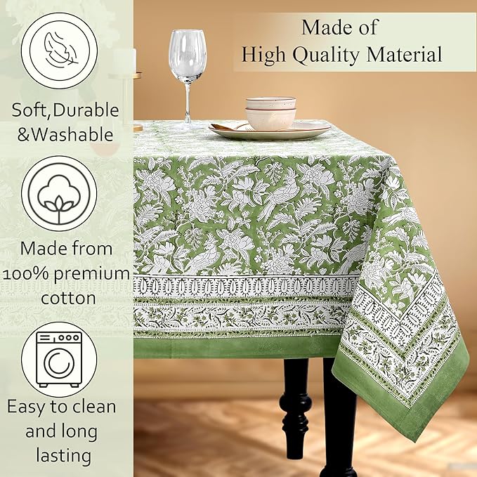 CPC Cotton Tablecloth 80x120 Inch Rectangle Indian Block Print Tablecloth- Green Washable Wedding Table Cover for Thanksgiving/Christmas- Olive Green