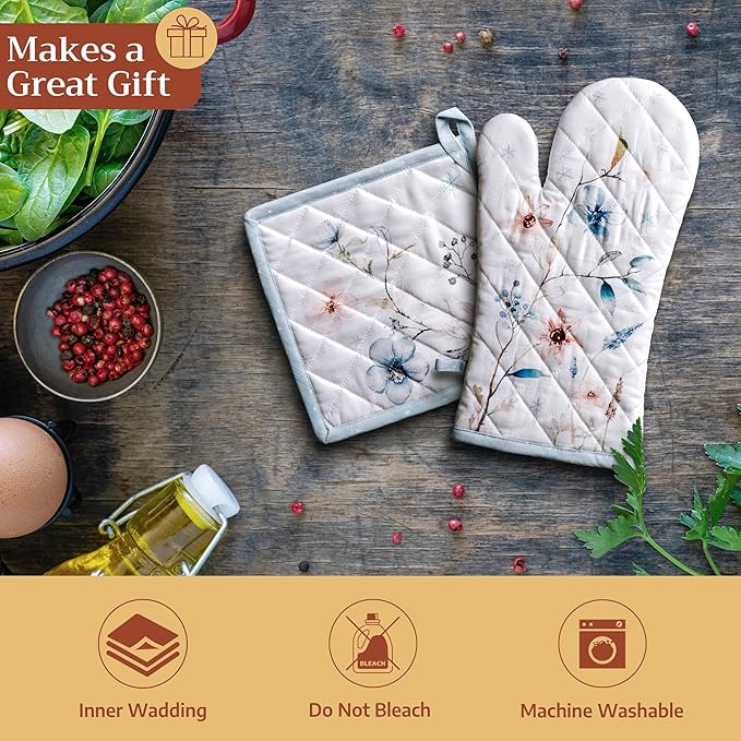 Maison d' Hermine Pot Holders 100% Cotton Heat Resistant Potholders 8" x 8" Hot Pads with Loop for Thanksgiving Christmas Decorations BBQ Cooking Baking Handling Hot Pans (Pack of 1, Ice Florals)