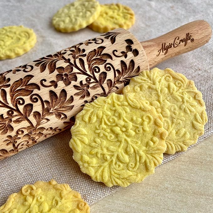 FLOWERS 3 Kid Rolling Pin Set with Damask, Folk and Floral Wreath Patterns. Wooden Laser Cut Mini Rolling Pins for Cookies, Play Dough, Salt Dough or Clay by Algis Crafts