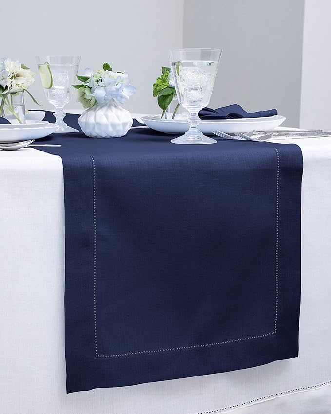 Solino Home Linen Navy Blue Table Runner 72 Inches Long - 100% Pure Linen Hemstitch Table Runner 14 x 72 Inch for Dresser, Dining, Winter, Easter - Classic Hemstitch