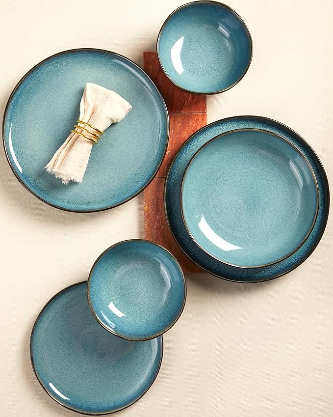 24 Pieces Dinnerware Set for 6 with Pasta Bowls, Complete Ceramic Dish Set, Stackable & Glossy Stoneware Plate and Bowl Set for Effortless Everyday Hosting, Green Black