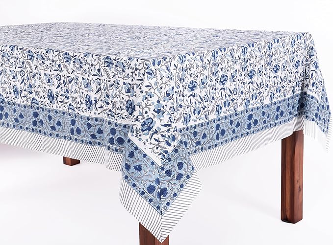 ATOSII Jodhpur Blue 100% Cotton Rectangle Tablecloth, Handblock Floral Linen Table Cloth for Kitchen Dining Table I Parties Wedding Outdoors Holidays I Home Decor 72 X 108 Inches