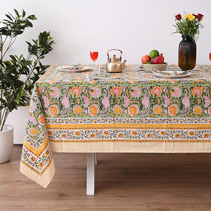Hand Block Printed Cotton Tablecloth Elegant Floral Design,Dining Table Kitchen, Parties Home Decor, Wall Tapestry (Daisy Sunshine, 12 Seater 72 x 135 Inches Rectangle)
