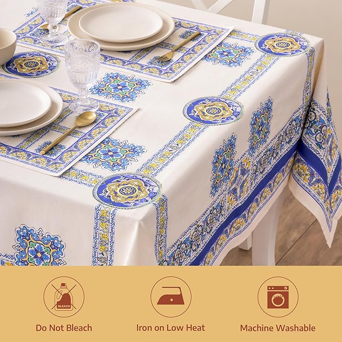 Maison d' Hermine Premium Table Cloth Rectangle Table 100% Combed Cotton 90 x 70 Inches Tablecloth Reusable Decorative for Dining Room, Farmhouse, Home, Party, Festive & Wedding - Sciacca