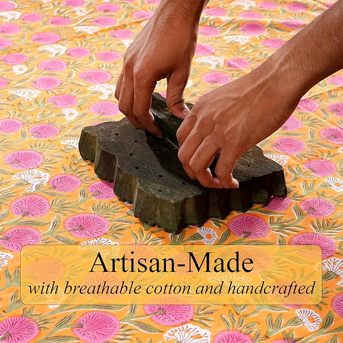 Ridhi Hand Block Print Bubblegum Pink Rectangle Cotton Tablecloth 160" x 72" Reusable Table Cover Decorative Everyday Use for Dining, Farmhouse, Home Gift for Spring, Easter, Valentine