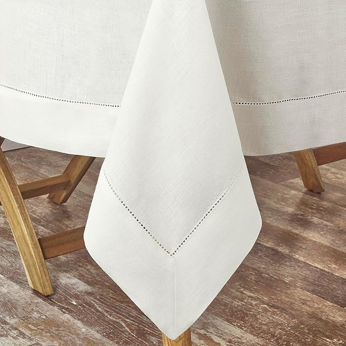 D'Moksha Homes Ivory Linen Tablecloth 60 x 108 Inch - 100% Pure Linen Ivory Table Cloth for Rectangle Tables - Classic Hemstitch, Machine Washable Tablecloth for Valentines, Spring, Easter