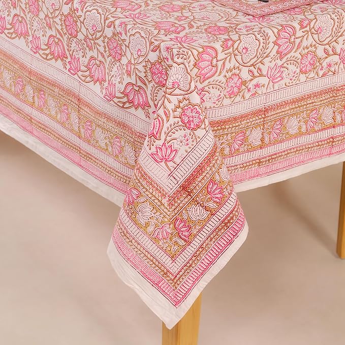 Hand Block Printed Table Cover - Exquisite Design, Premium Cotton Fabric, Perfect for Dining and Decor, Dining Table Linen(Taffy Pink Flower,14 Seater 72 x 160 Inches Rectangle)