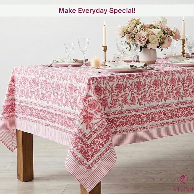 ATOSII Red Bloom 100% Cotton Rectangle Tablecloth, Block Print Floral Linen Table Cloth for Dining Parties Outdoors Weddings Holidays I 72 X 108 Inches, 8 Seater, Summer Farmhouse Grandmillennial