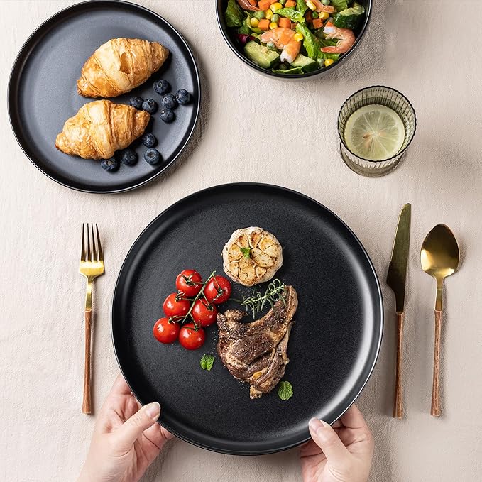 AmorArc Ceramic Dinnerware Sets, Wavy Rim Stoneware Plates and Bowls Sets,Dishwasher & Microwave & Oven Safe Dishes set, Service for 6 (18pc)-Matte Black