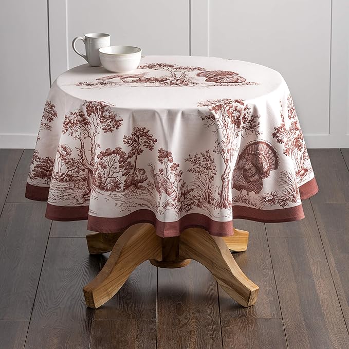 Maison d' Hermine Table Cloth Round Table 100% Cotton 63 Inches Fall Tablecloth Reusable Everyday Use for Thanksgiving Christmas Decorations Dining Farmhouse Party (Holy Jouy - Brown)