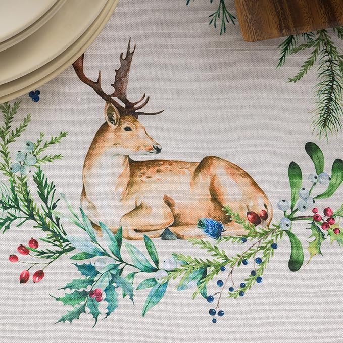 Maison d' Hermine Table Cloth Round Table 100% Cotton 69 Inches Fall Tablecloth Reusable Everyday Use for Thanksgiving Christmas Decorations Dining Farmhouse Party (Holly Time)