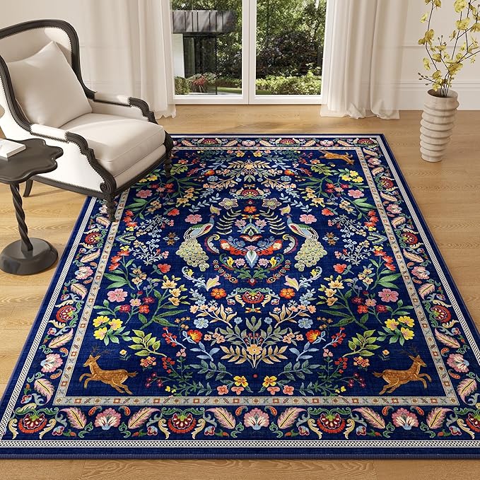 Rugcomf Area Rug 4x6 Rug Washable Rugs Floral Non Slip Low Pile Small Carpet for Bedroom, Bedside, Kids Room, Office, Dining Room(Blue)
