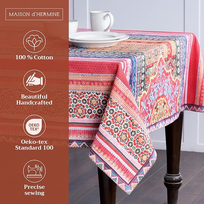 Maison d' Hermine Table Cloth Rectangle Table 100% Cotton 70 x 120 Inches Fall Tablecloth Reusable Everyday Use for Thanksgiving Christmas Decorations Dining Farmhouse Party (Ispahan)