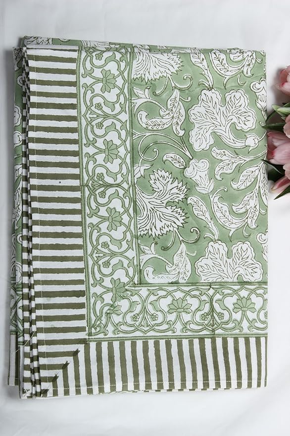 Ridhi - Hand Block Print Cotton Cloth Dinning Table Cover Wedding Farmhouse Thanks Giving Christmas Spring Tablecloth (Sage Green, 8 Seater 70x108 Inches)